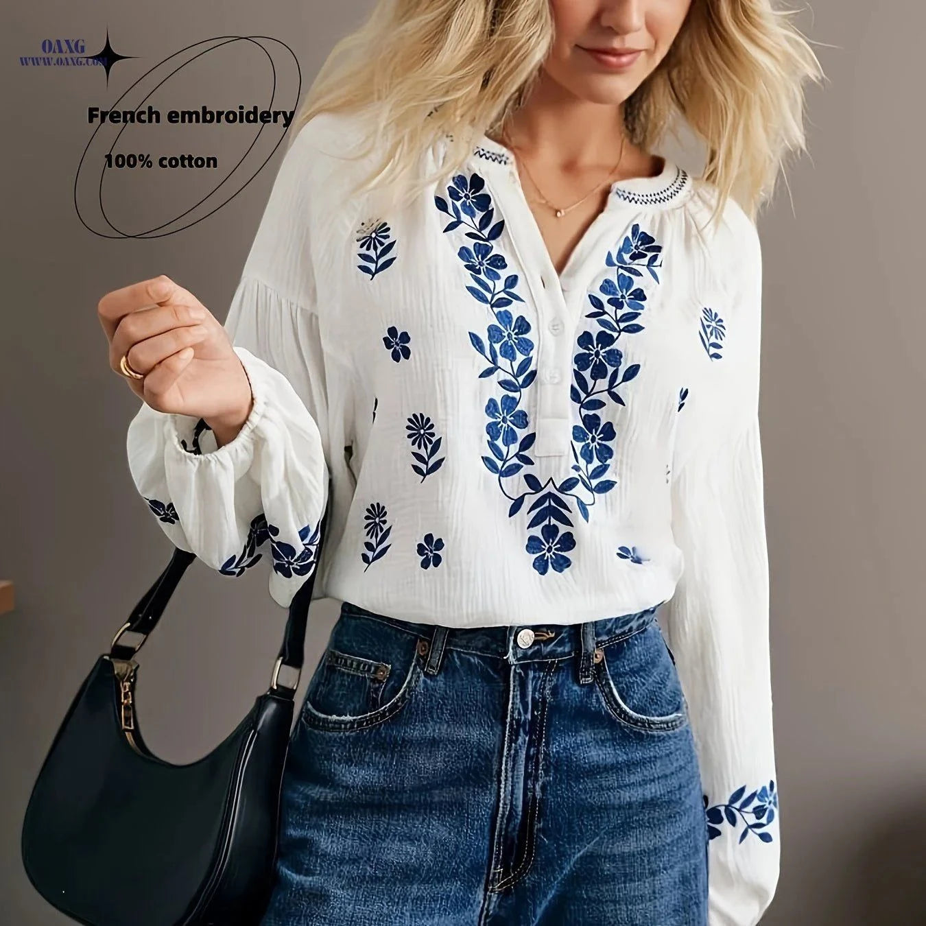 Elegant French-Style Embroidered Cotton Shirt - Lightweight & Comfortable   OAXG Matcha Color / XS