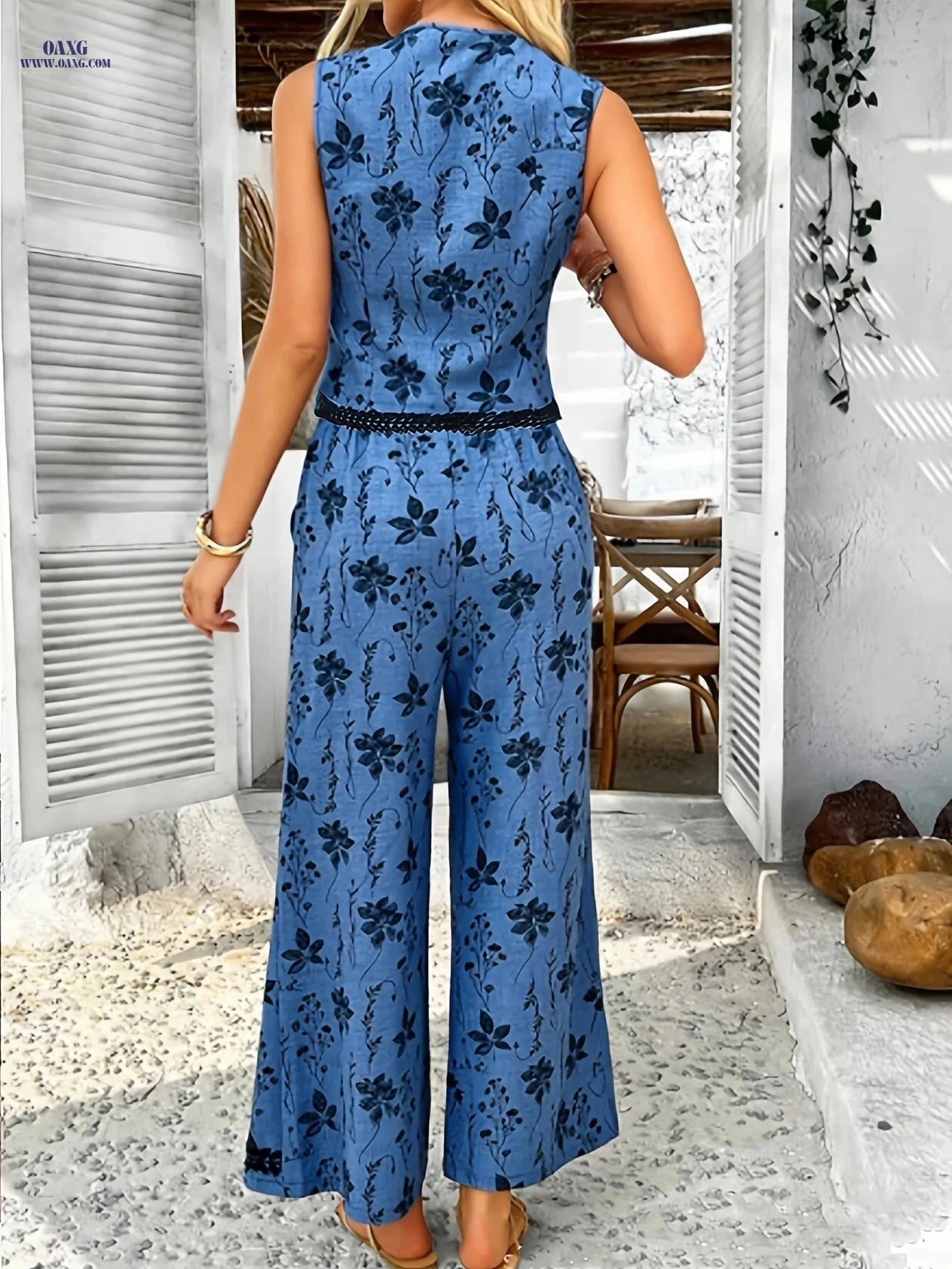 Elegant French-Style Outfit Set - Vest & Wide-Leg Pants   OAXG Royal Blue / S