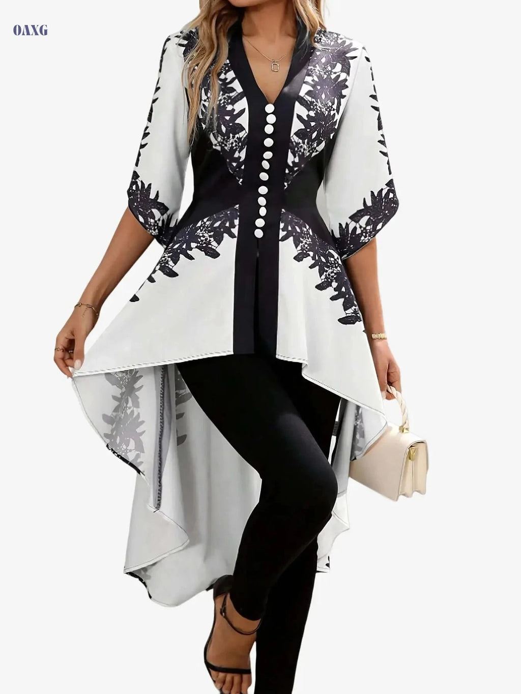 Elegant French-Style Top for Arab Women - Floral Print, Cinched Waist   OAXG 