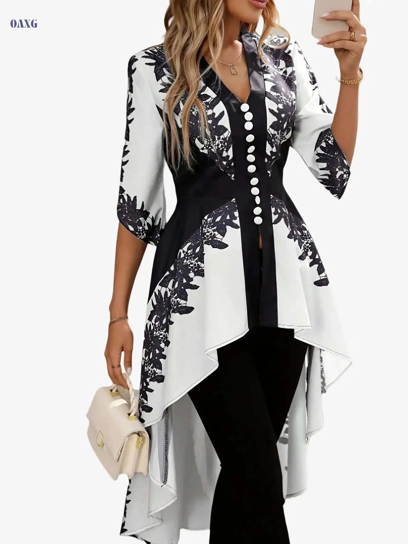 Elegant French-Style Top for Arab Women - Floral Print, Cinched Waist   OAXG 