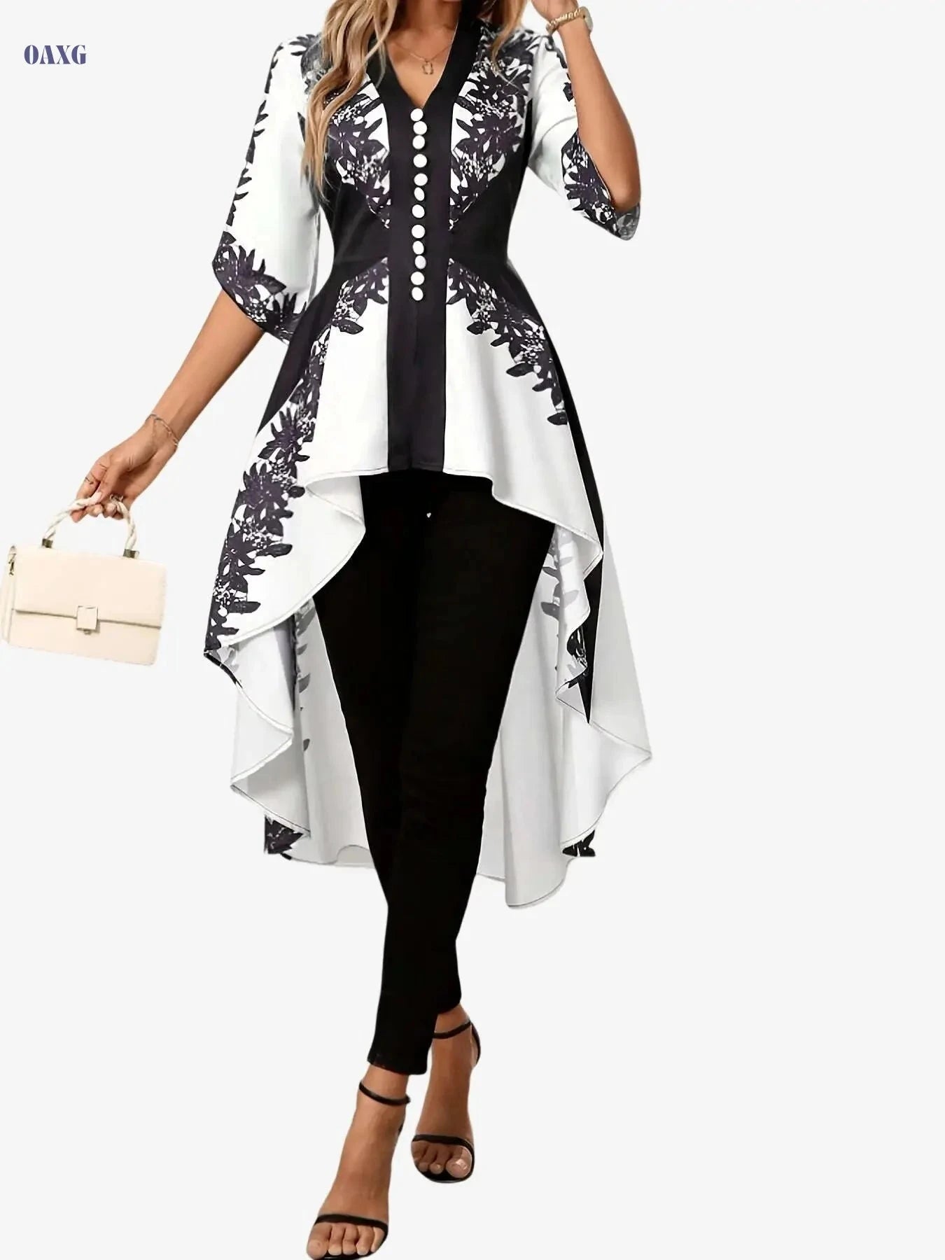 Elegant French-Style Top for Arab Women - Floral Print, Cinched Waist   OAXG 