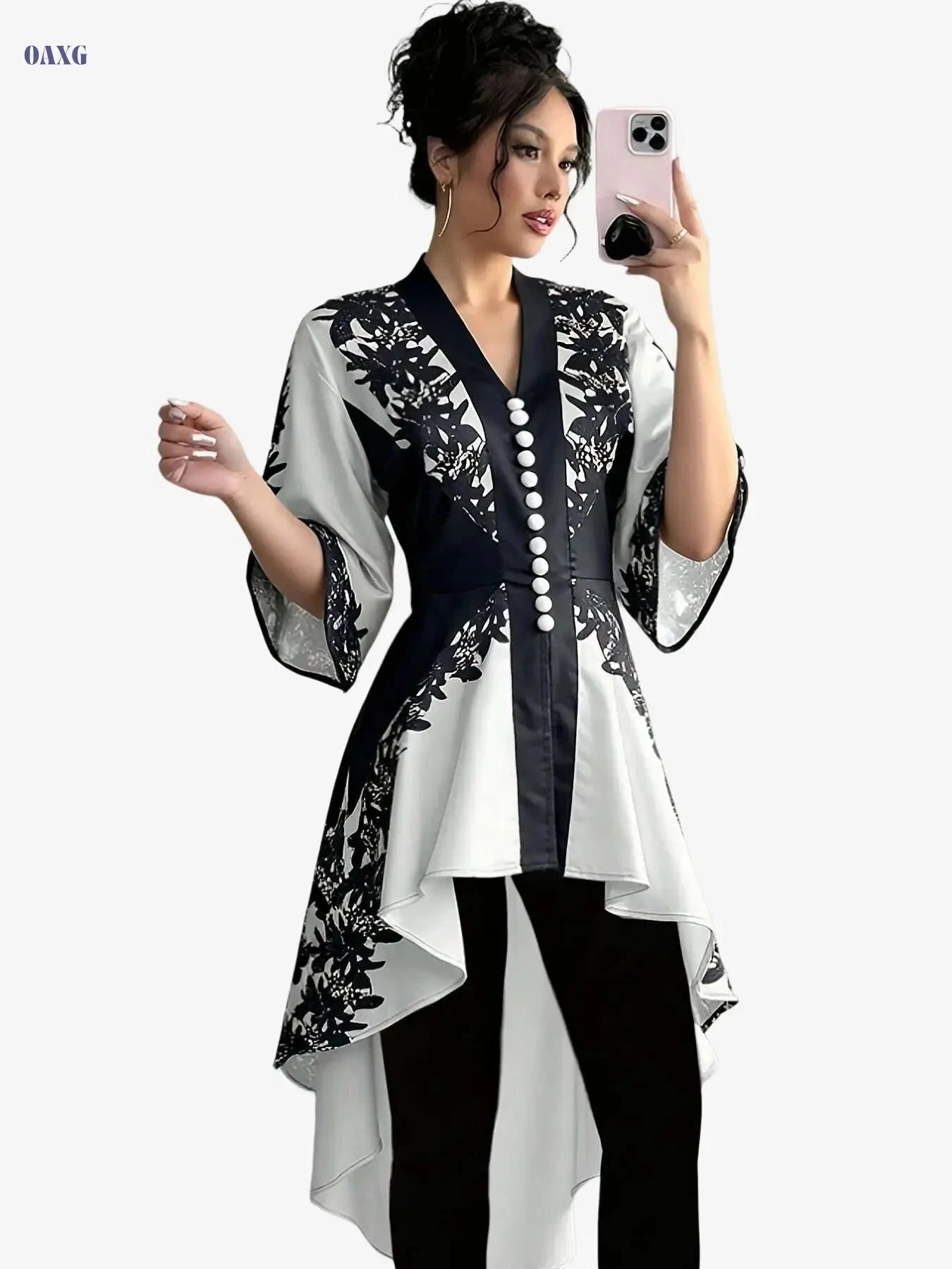 Elegant French-Style Top for Arab Women - Floral Print, Cinched Waist   OAXG Black And White / S