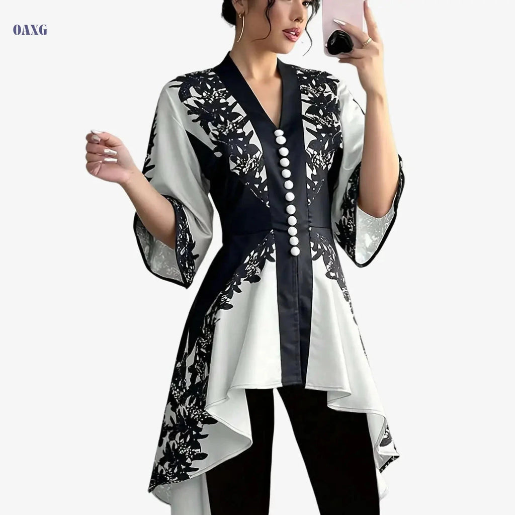 Elegant French-Style Top for Arab Women - Floral Print, Cinched Waist   OAXG Black And White / S
