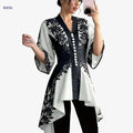 Elegant French-Style Top for Arab Women - Floral Print, Cinched Waist   OAXG Black And White / S