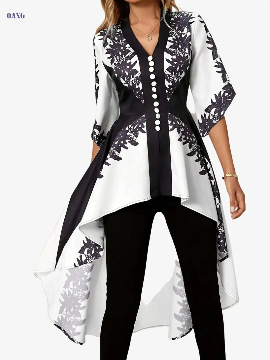 Elegant French-Style Top for Arab Women - Floral Print, Cinched Waist   OAXG Black And White / S