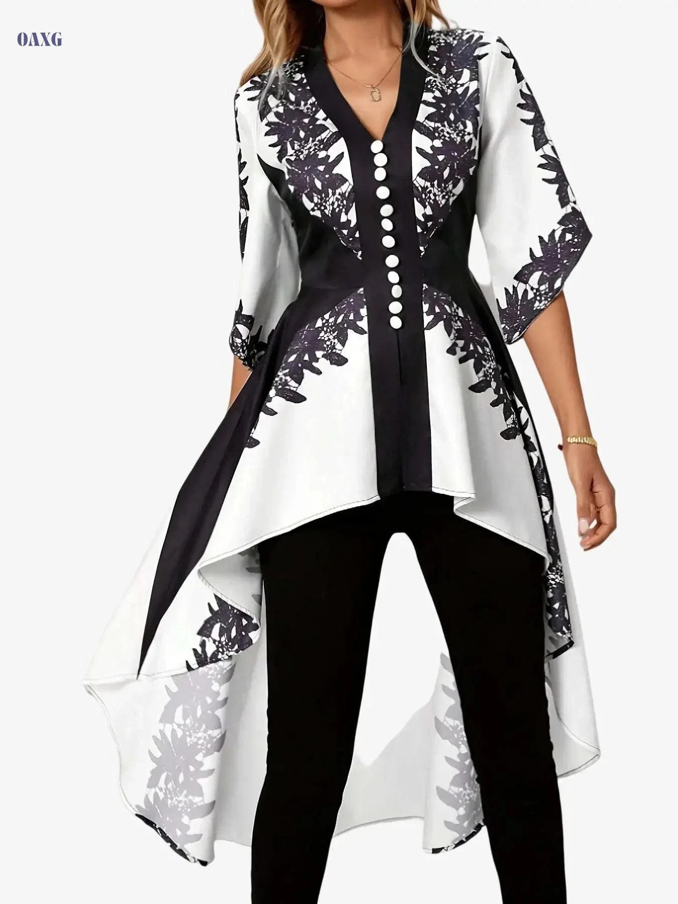 Elegant French-Style Top for Arab Women - Floral Print, Cinched Waist   OAXG Black And White / S