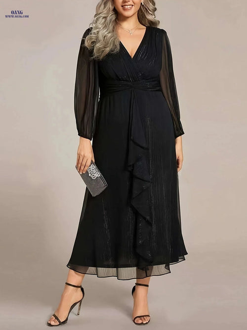 Elegant French-Style V-Neck Midi Dress - Lantern Sleeves for Women   OAXG Black / S