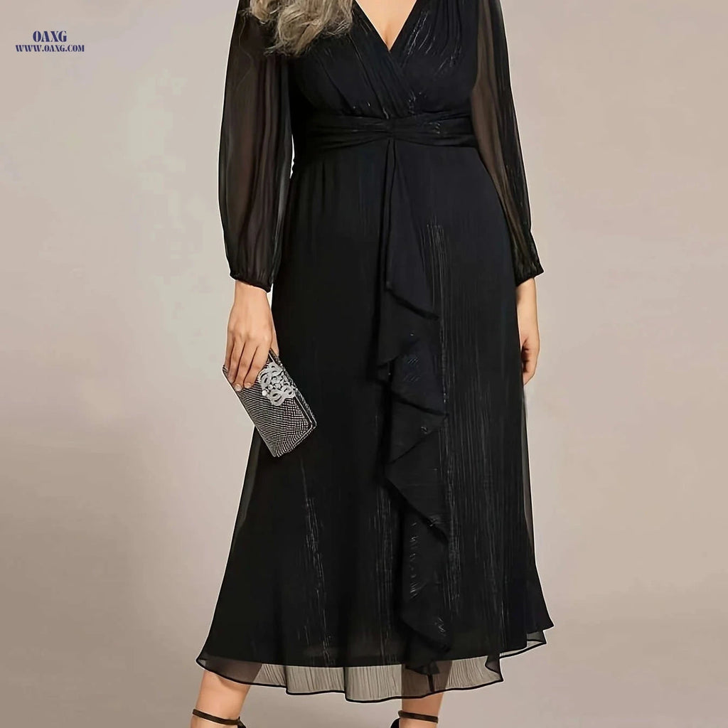 Elegant French-Style V-Neck Midi Dress - Lantern Sleeves for Women   OAXG Black / S
