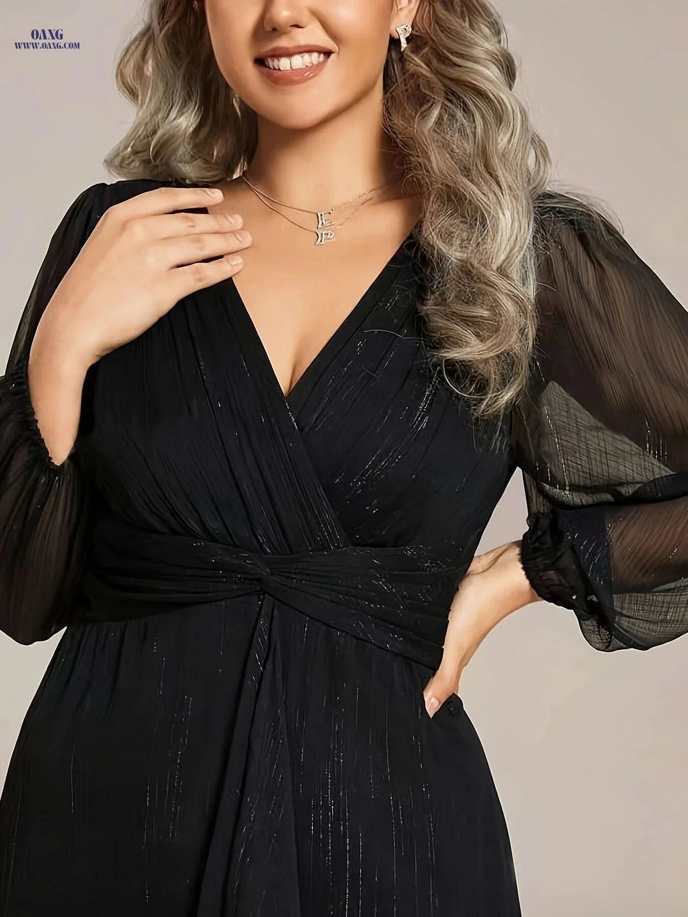 Elegant French-Style V-Neck Midi Dress - Lantern Sleeves for Women   OAXG Black / S