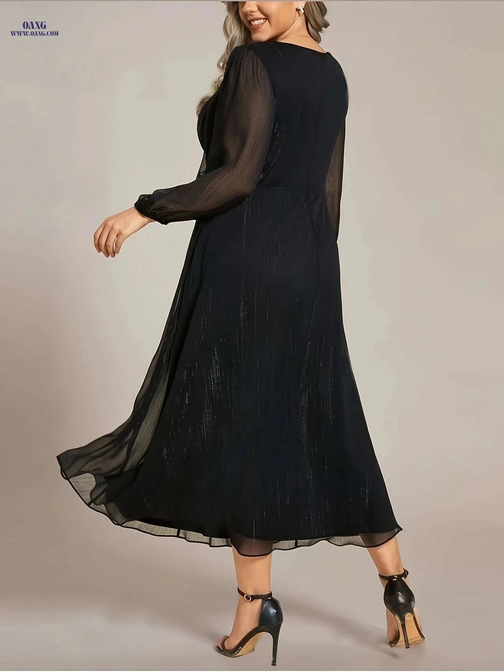 Elegant French-Style V-Neck Midi Dress - Lantern Sleeves for Women   OAXG 