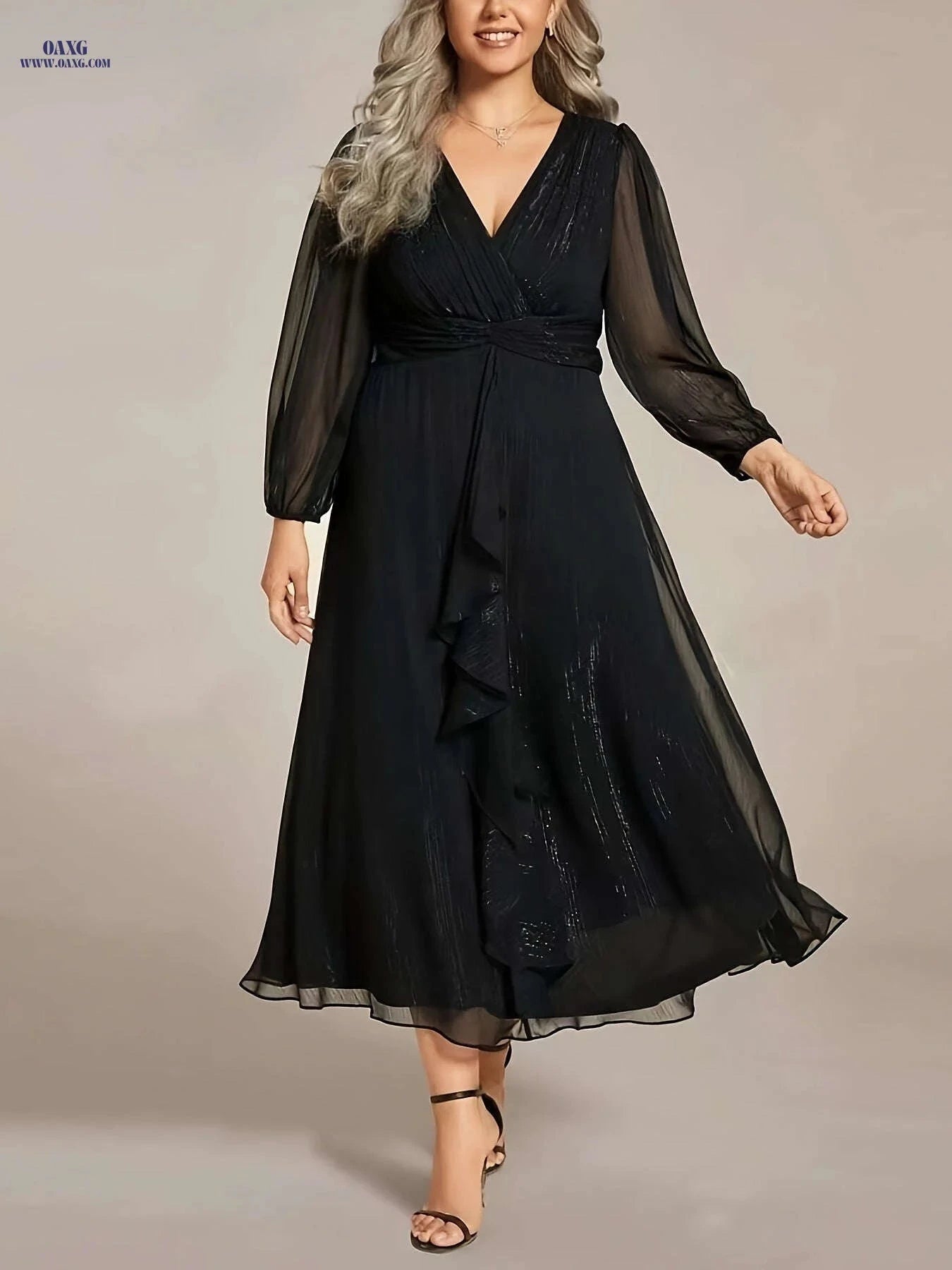 Elegant French-Style V-Neck Midi Dress - Lantern Sleeves for Women   OAXG 
