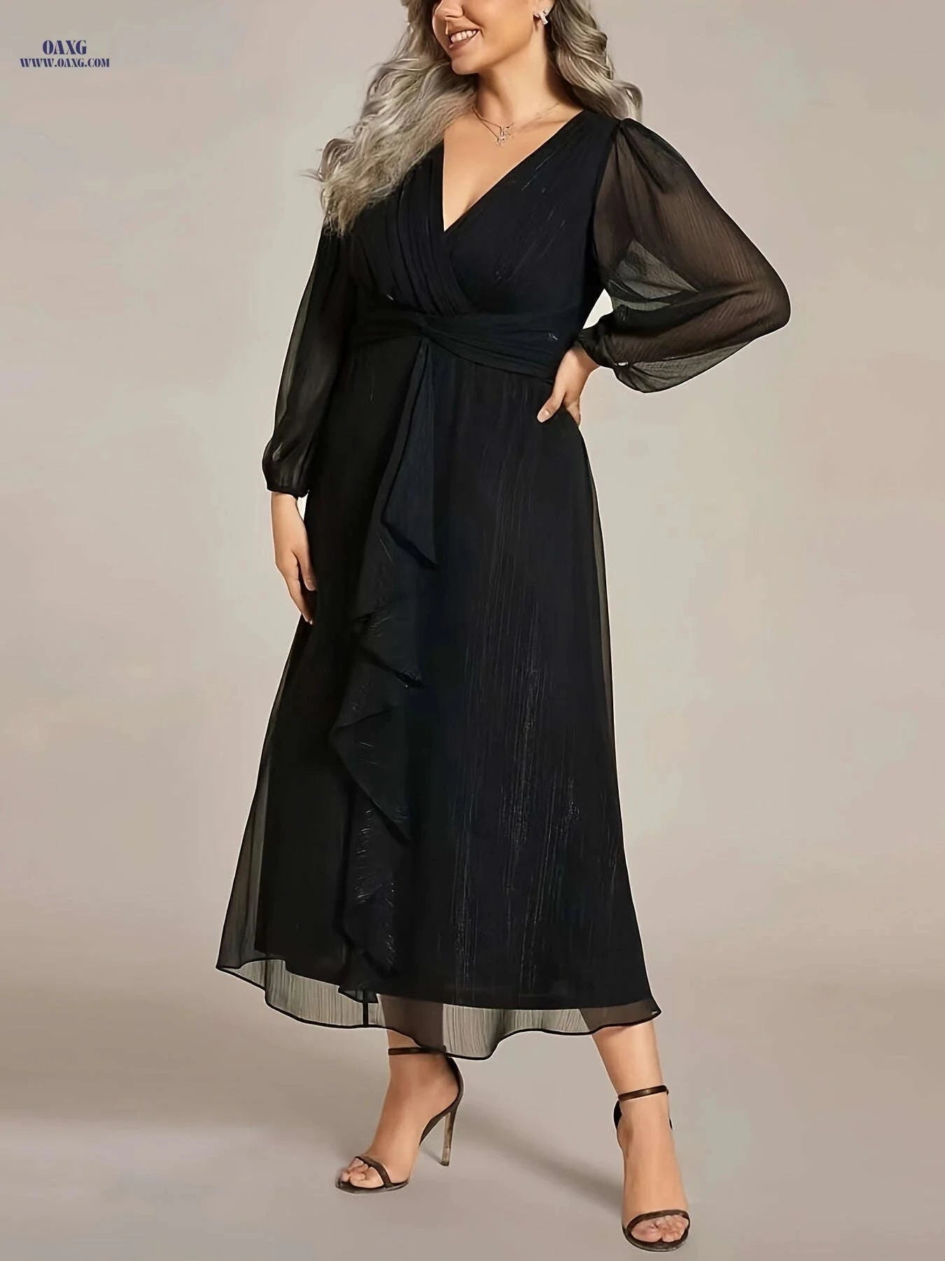Elegant French-Style V-Neck Midi Dress - Lantern Sleeves for Women   OAXG 