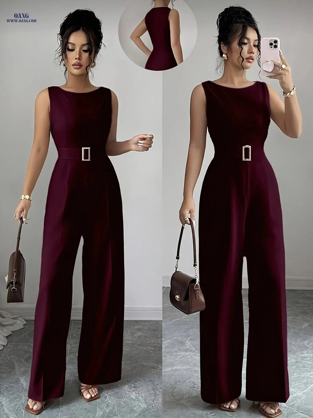 Elegant French Wide-Leg Jumpsuit with Metal Buckle Belt - YY1113112   OAXG 