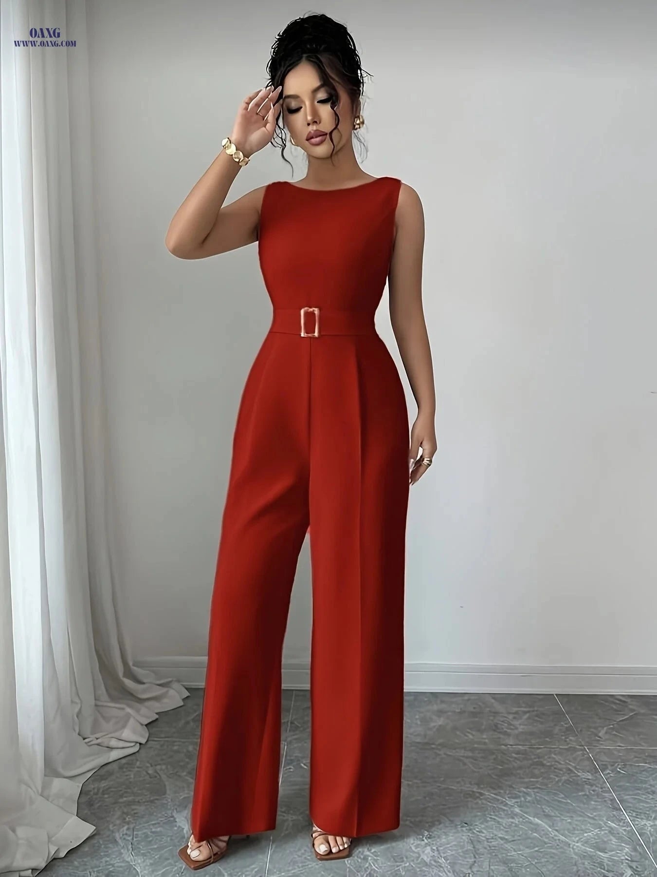 Elegant French Wide-Leg Jumpsuit with Metal Buckle Belt - YY1113112   OAXG 