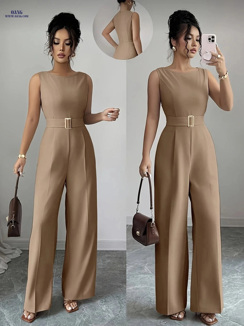 Elegant French Wide-Leg Jumpsuit with Metal Buckle Belt - YY1113112   OAXG 