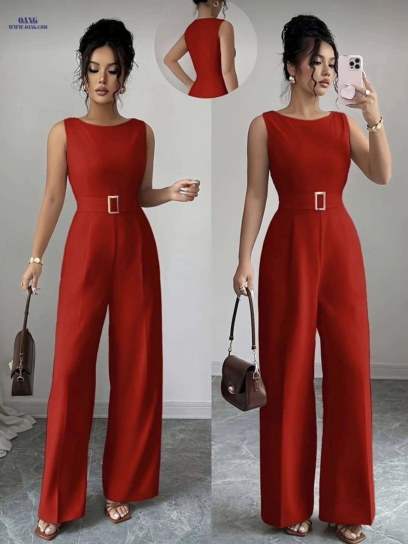 Elegant French Wide-Leg Jumpsuit with Metal Buckle Belt - YY1113112   OAXG Red / S
