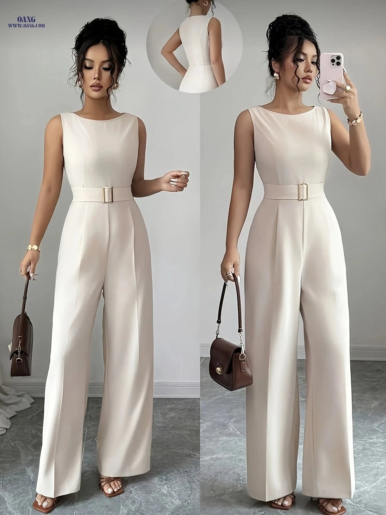 Elegant French Wide-Leg Jumpsuit with Metal Buckle Belt - YY1113112   OAXG Red / S