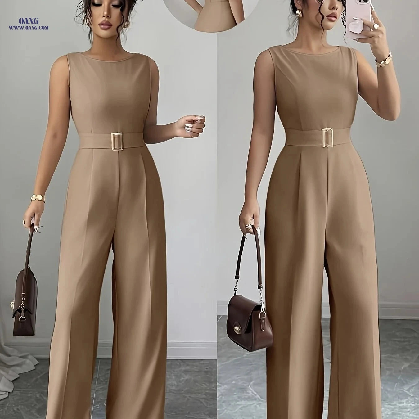 Elegant French Wide-Leg Jumpsuit with Metal Buckle Belt - YY1113112   OAXG Red / S