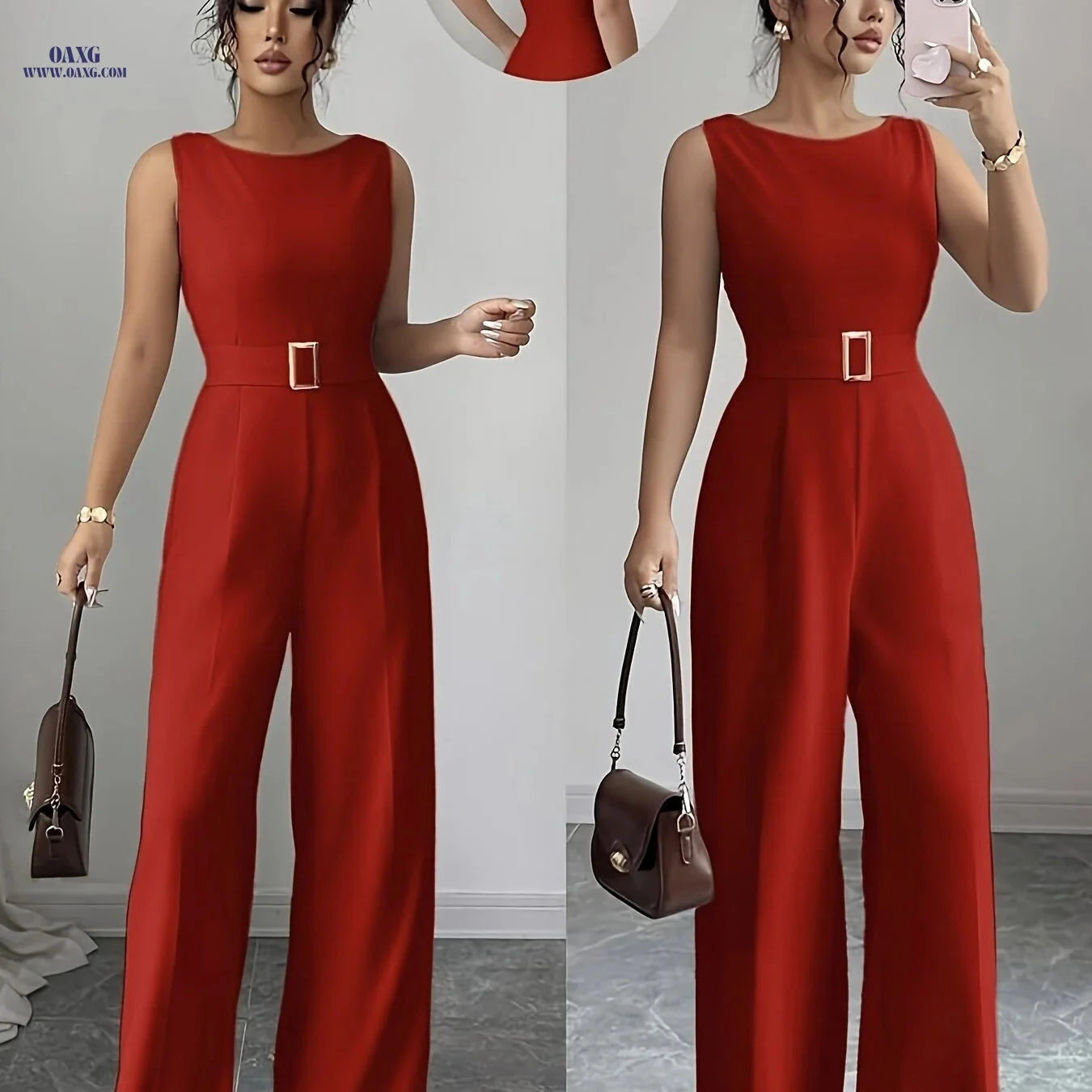 Elegant French Wide-Leg Jumpsuit with Metal Buckle Belt - YY1113112   OAXG 