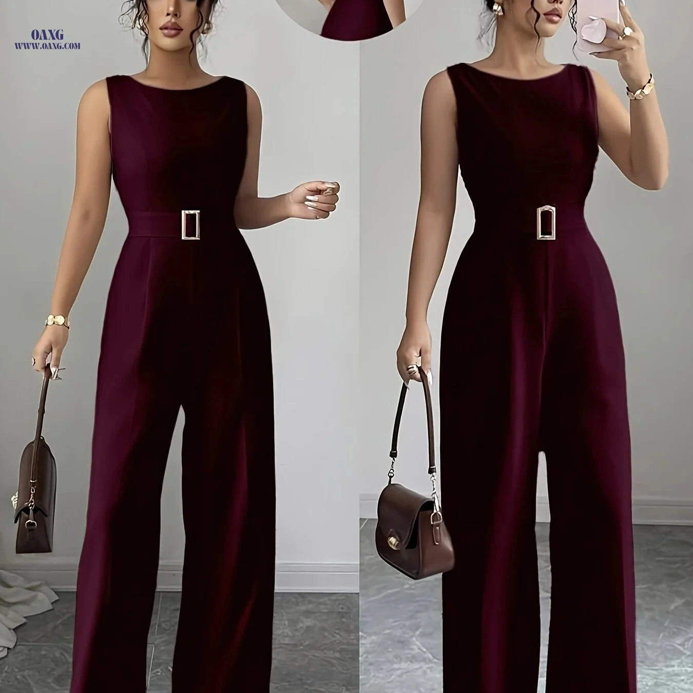 Elegant French Wide-Leg Jumpsuit with Metal Buckle Belt - YY1113112   OAXG 