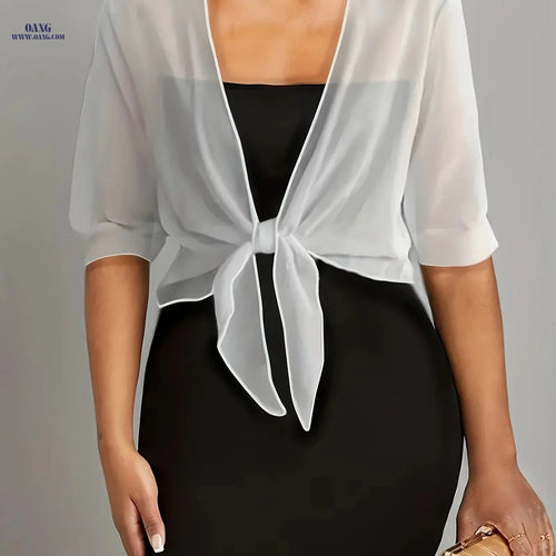Elegant Front-Button Sheer Shirt with Shawl Design - Spring/Summer Style   OAXG Black / L