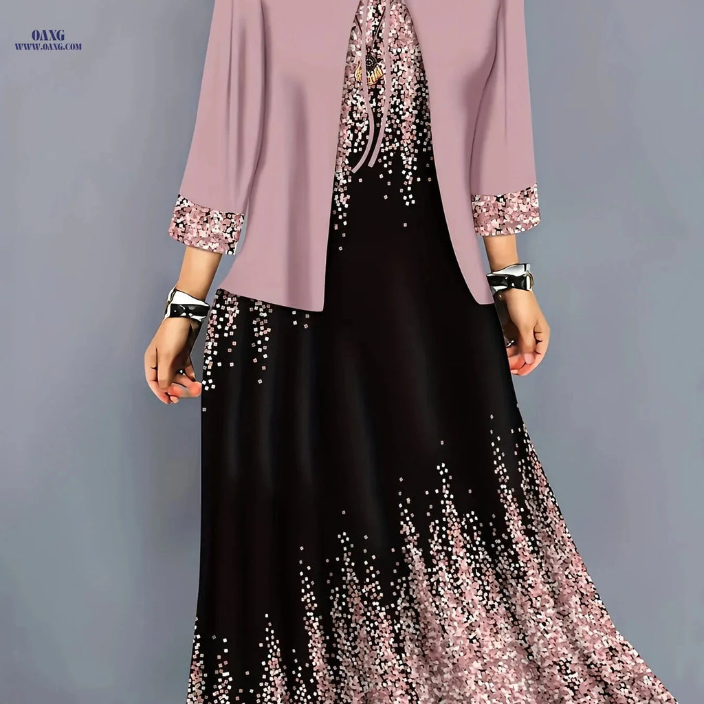 Elegant Geometric Pattern Dress Set - Casual Spring/Autumn Wear   OAXG 