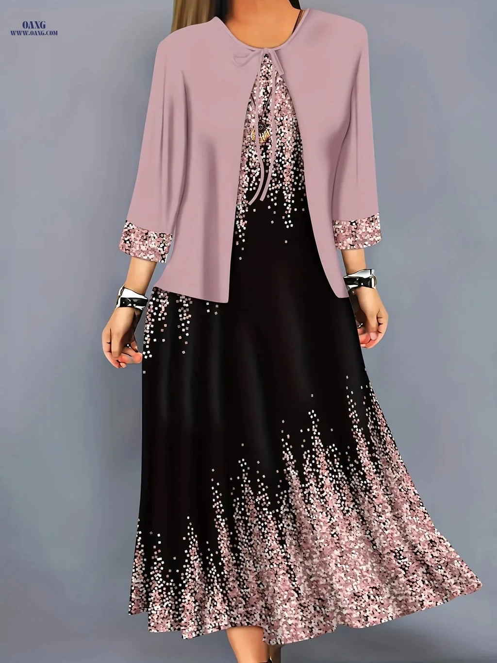 Elegant Geometric Pattern Dress Set - Casual Spring/Autumn Wear   OAXG Mixed colors / S
