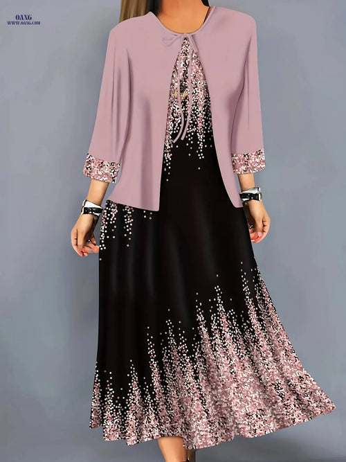 Elegant Geometric Pattern Dress Set - Casual Spring/Autumn Wear   OAXG Mixed colors / S