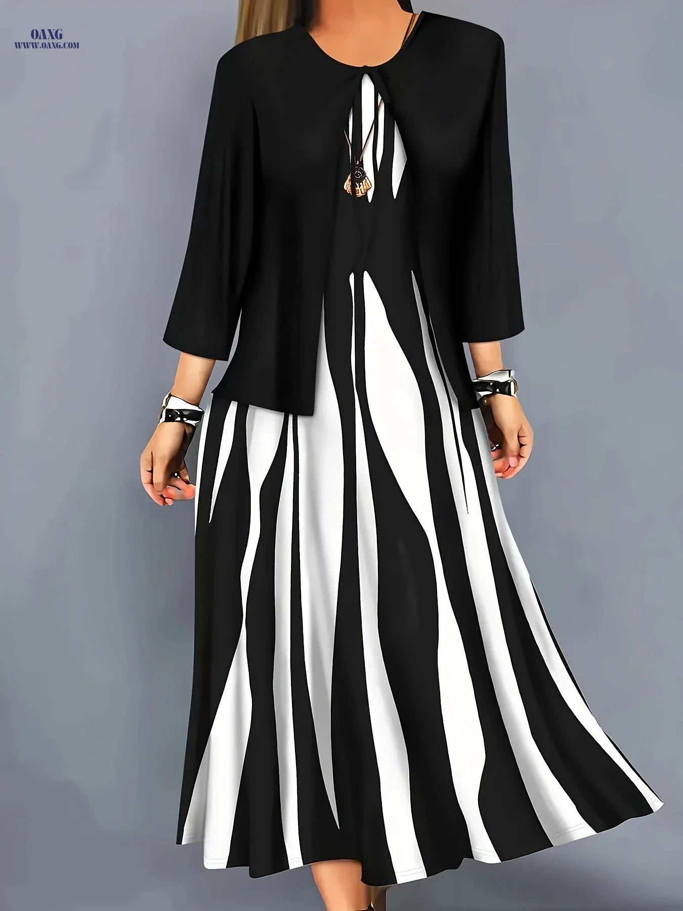Elegant Geometric Pattern Dress Set - Comfortable Long Jacket & Dress   OAXG 