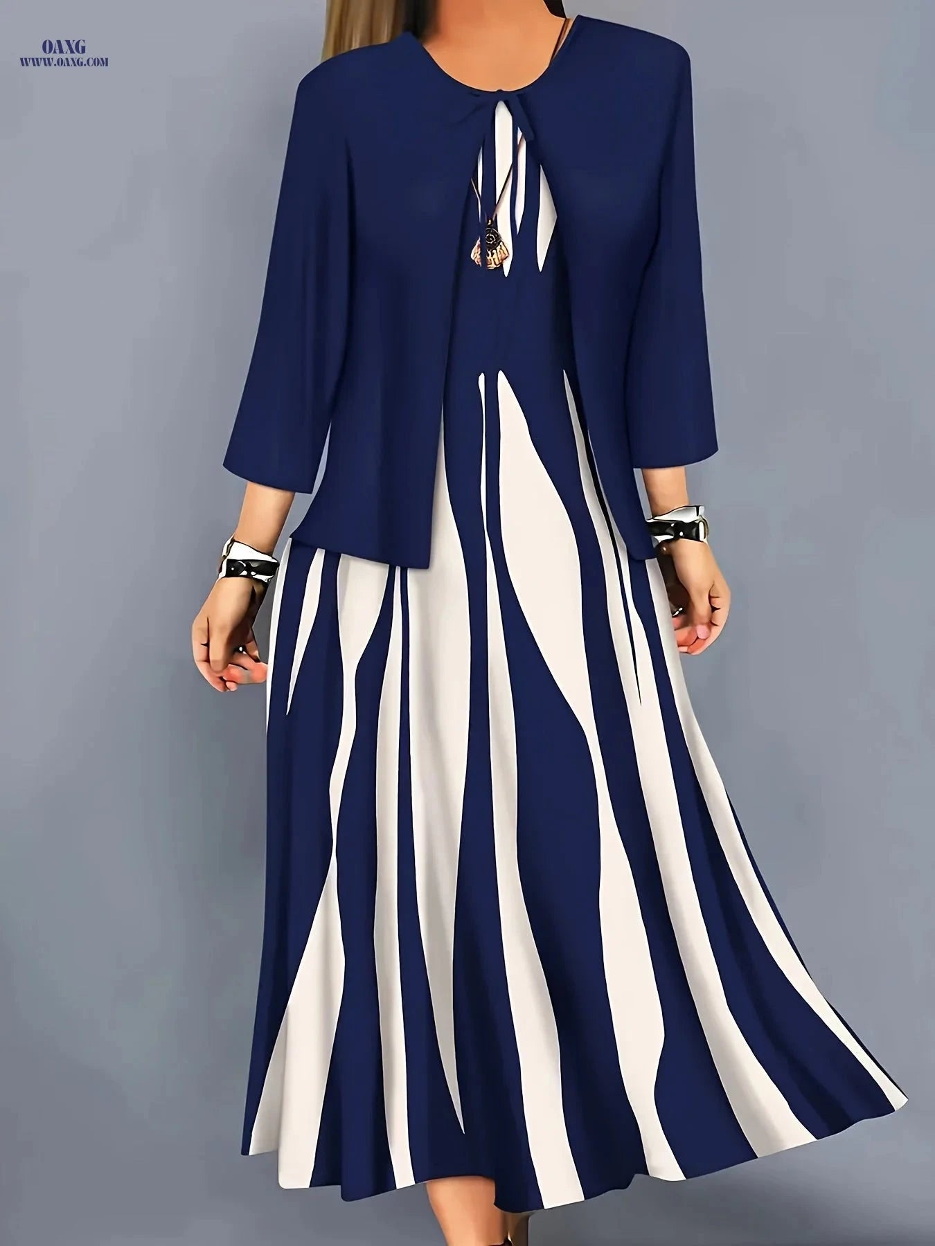 Elegant Geometric Pattern Dress Set - Comfortable Long Jacket & Dress   OAXG Navy Color / S