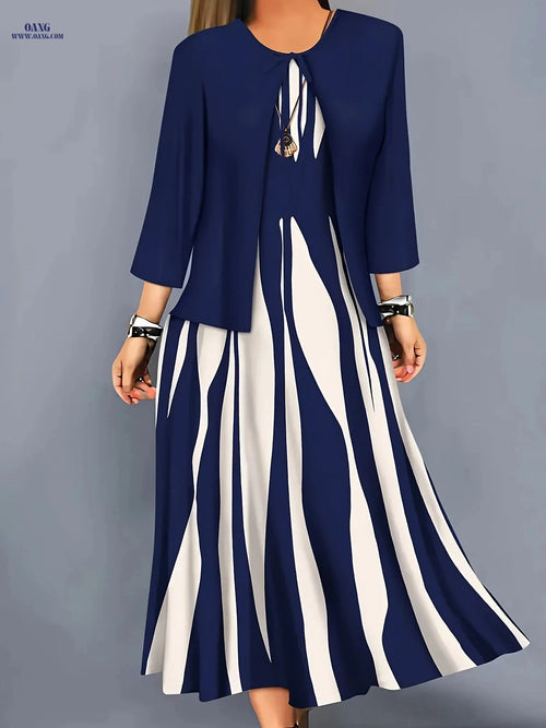 Elegant Geometric Pattern Dress Set - Comfortable Long Jacket & Dress   OAXG Navy Color / S