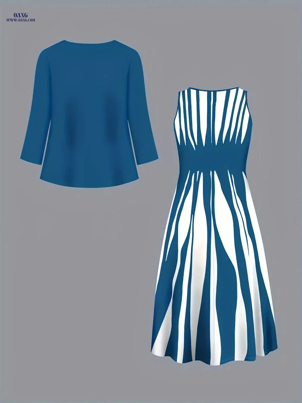 Elegant Geometric Pattern Dress Set - Comfortable Long Jacket & Dress   OAXG Navy Color / S