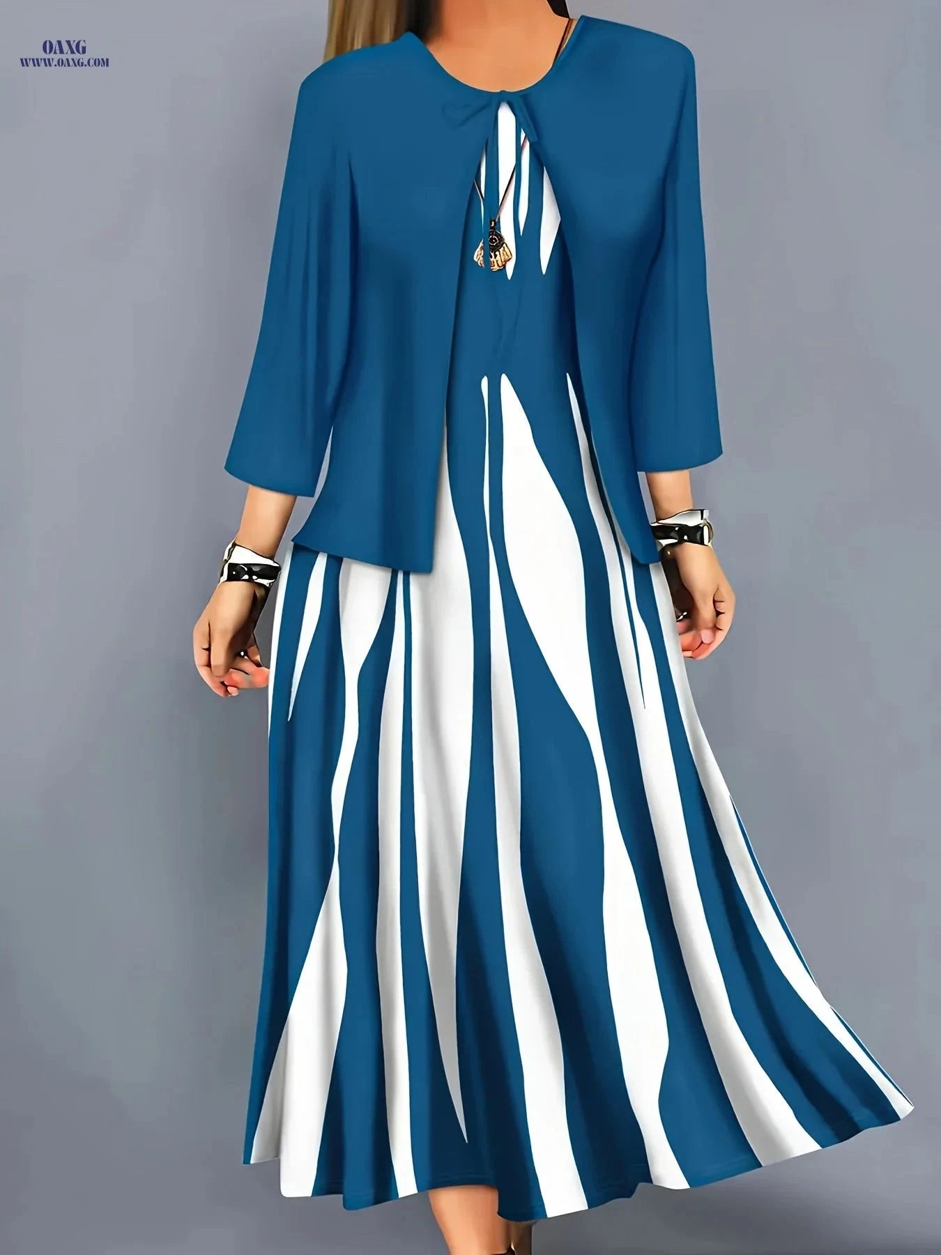 Elegant Geometric Pattern Dress Set - Comfortable Long Jacket & Dress   OAXG Navy Color / S