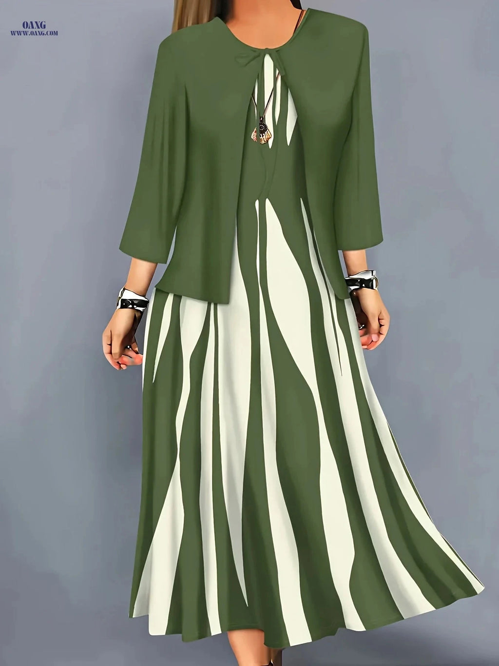 Elegant Geometric Pattern Dress Set - Comfortable Long Jacket & Dress   OAXG Navy Color / S