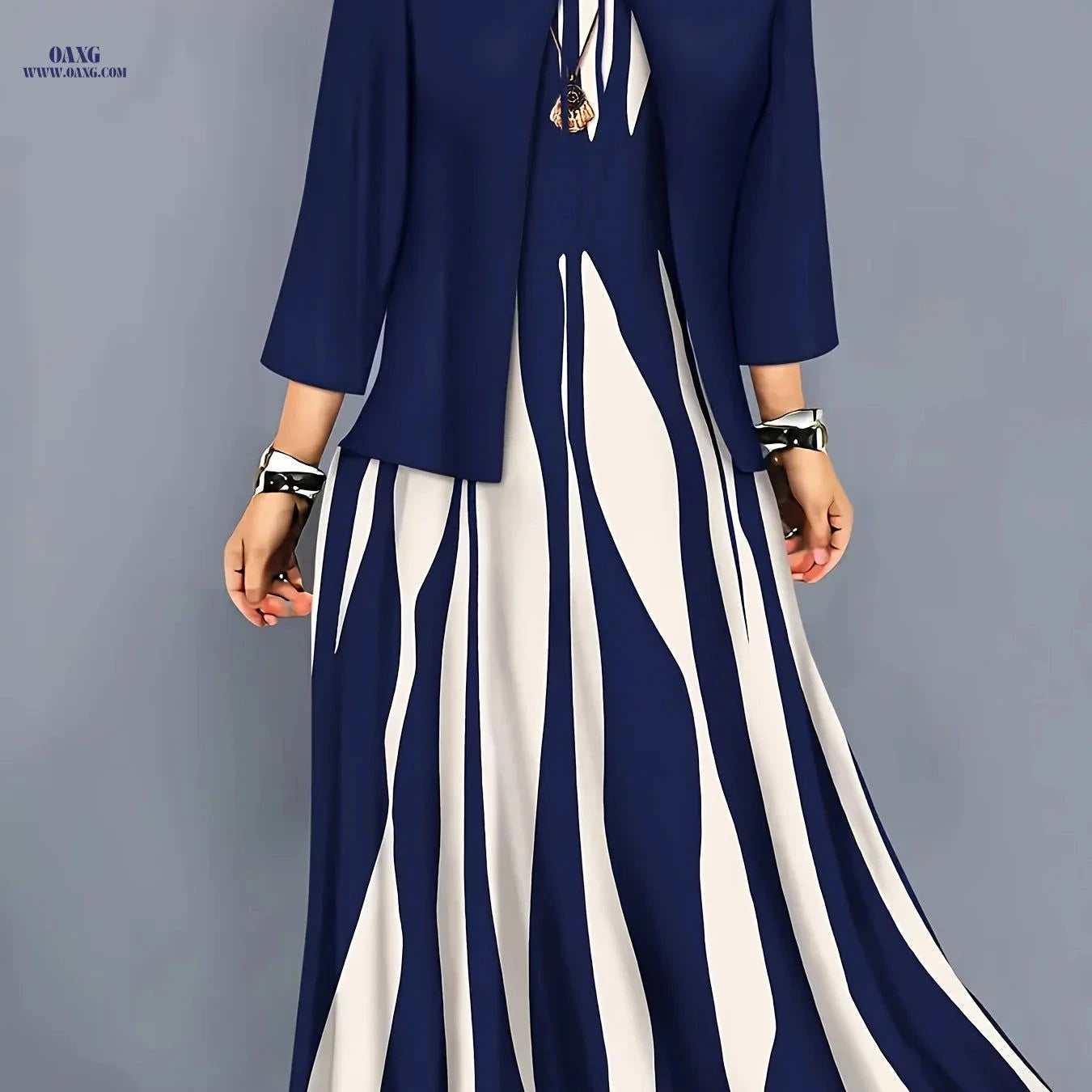 Elegant Geometric Pattern Dress Set - Comfortable Long Jacket & Dress   OAXG Navy Color / S