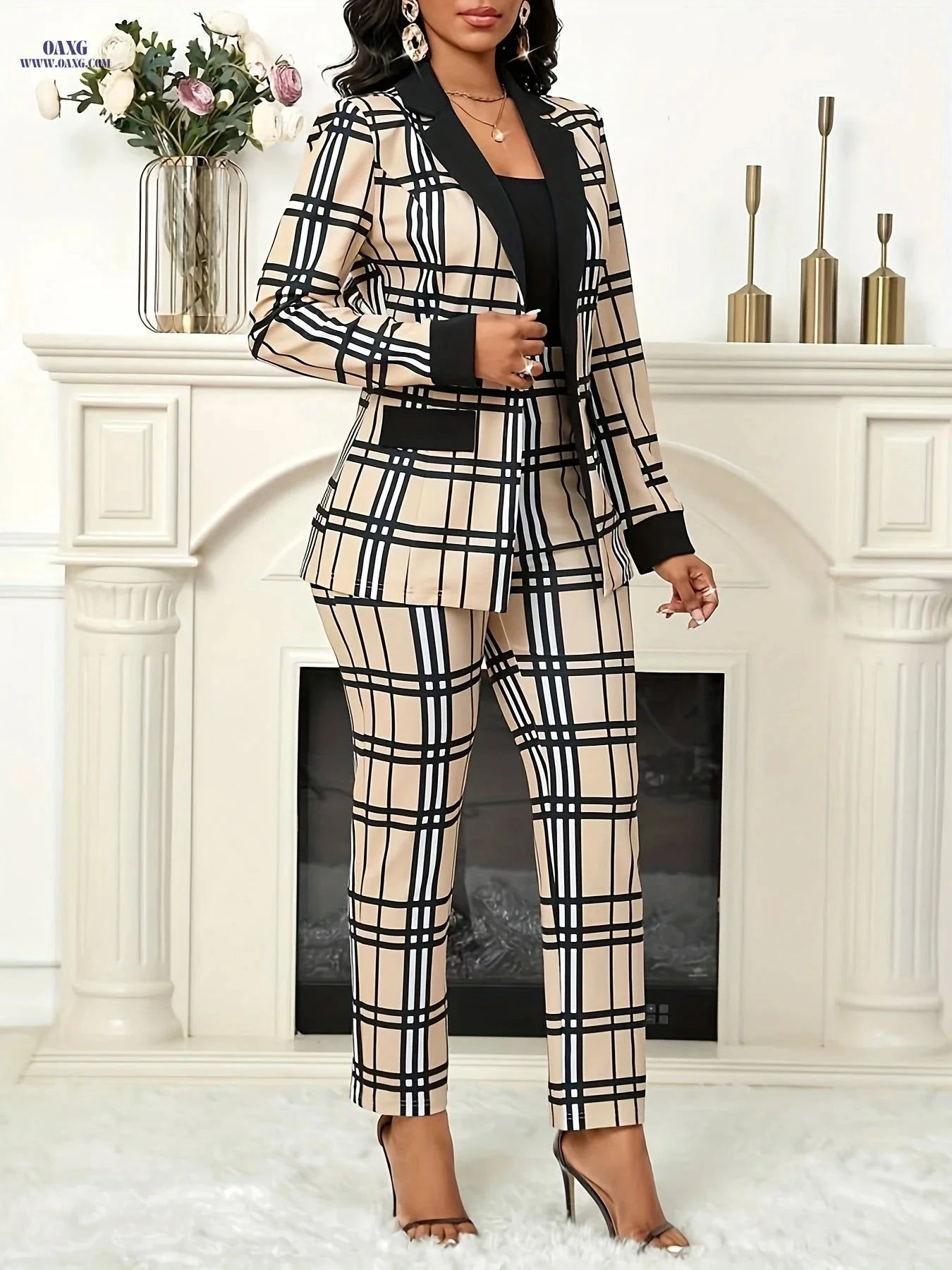 Elegant Geometric Pattern Suit Jacket Set - Spring/Fall Style   OAXG 