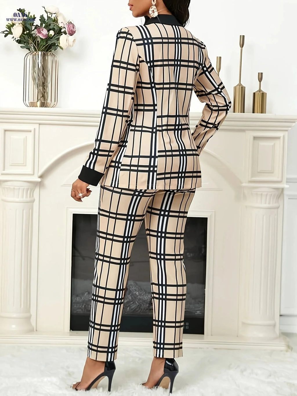 Elegant Geometric Pattern Suit Jacket Set - Spring/Fall Style   OAXG apricot + black / S