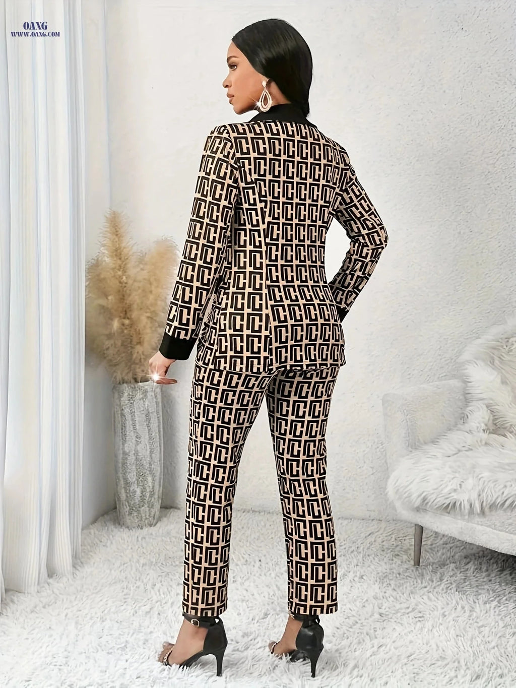 Elegant Geometric Pattern Suit Jacket Set - Spring/Fall Style   OAXG apricot + black / S