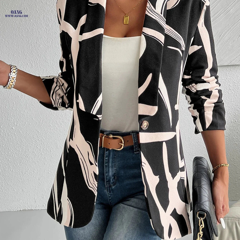 Elegant Geometric Print Blazer for Women - Lightweight & Chic Design   OAXG 【Multicolor】 / M