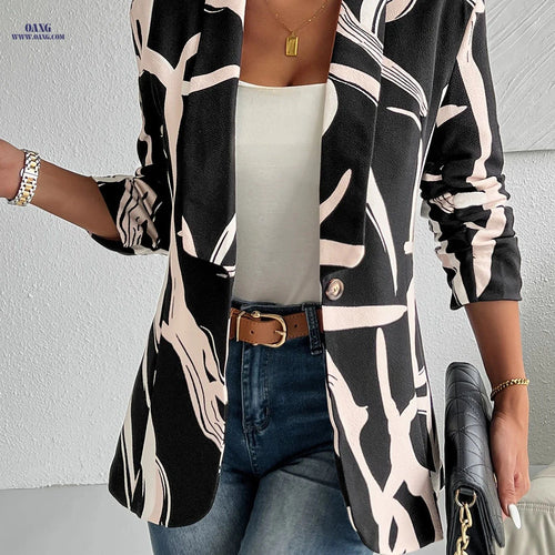 Elegant Geometric Print Blazer for Women - Lightweight & Chic Design   OAXG 【Multicolor】 / M