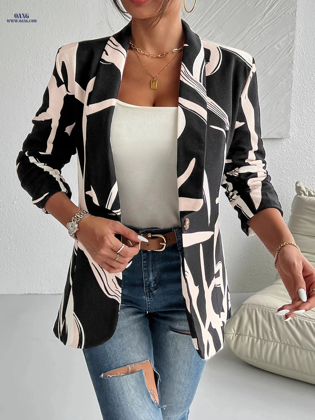 Elegant Geometric Print Blazer for Women - Lightweight & Chic Design   OAXG 【Multicolor】 / M