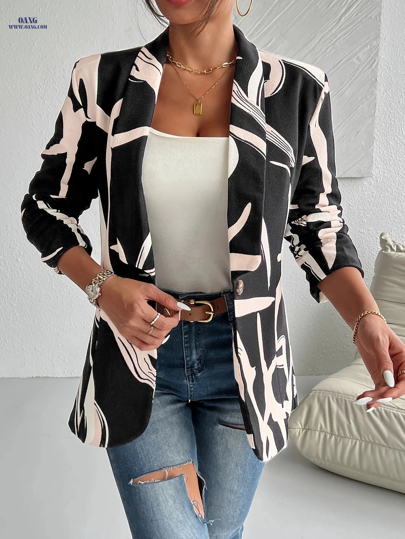 Elegant Geometric Print Blazer for Women - Lightweight & Chic Design   OAXG 【Multicolor】 / M