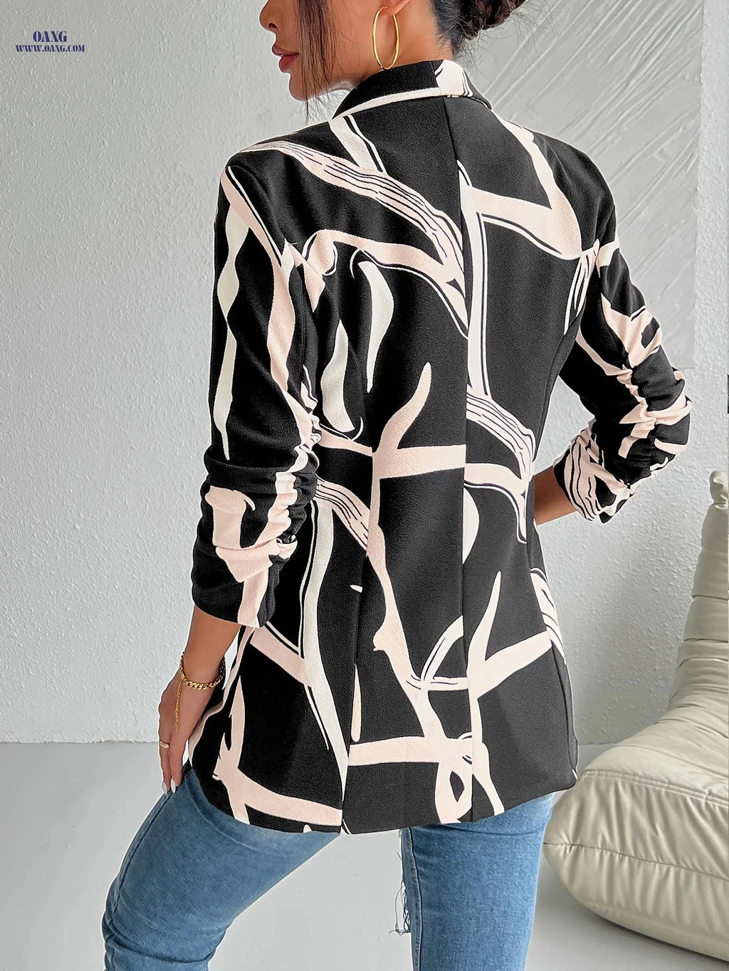 Elegant Geometric Print Blazer for Women - Lightweight & Chic Design   OAXG 【Multicolor】 / M