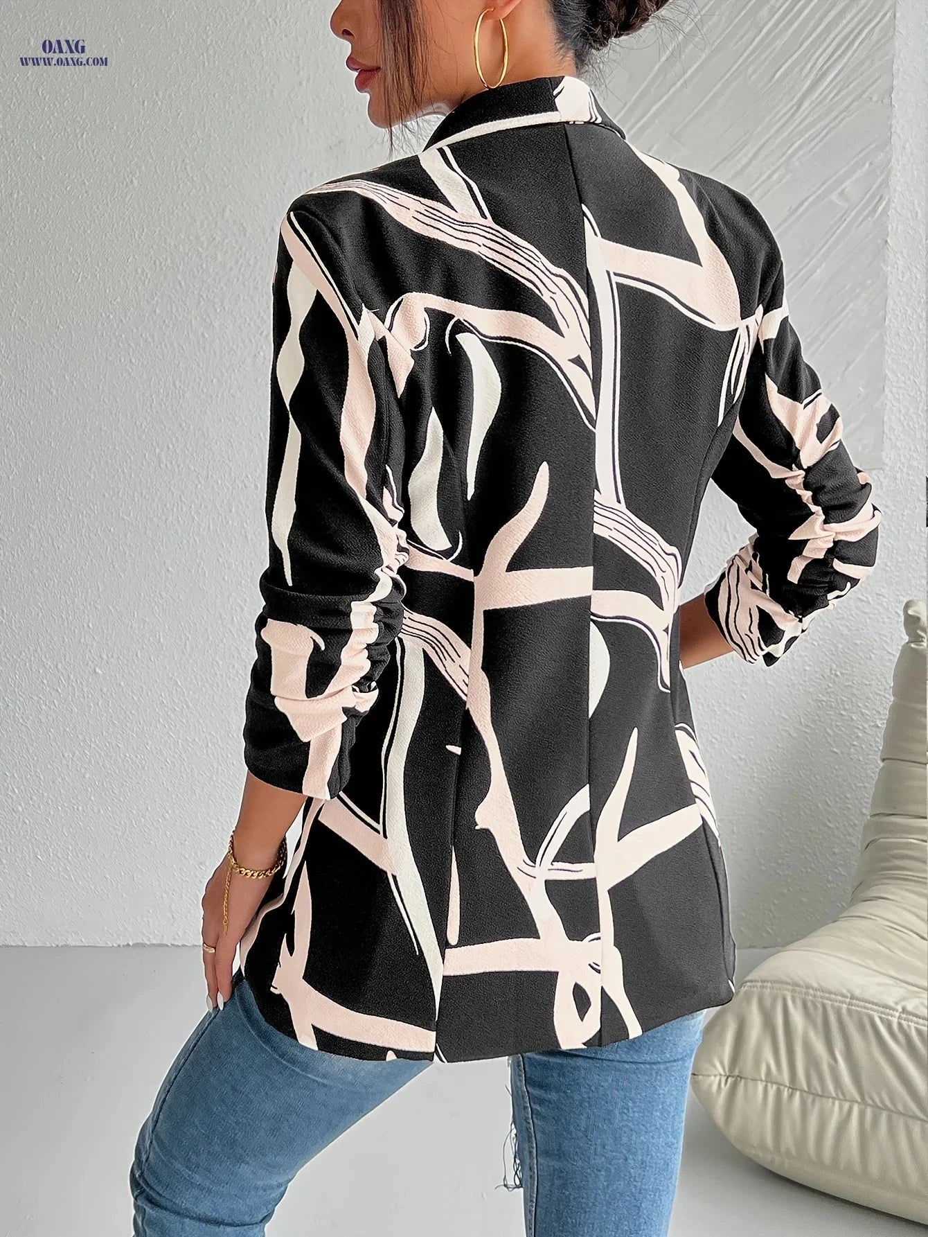 Elegant Geometric Print Blazer for Women - Lightweight & Chic Design   OAXG 【Multicolor】 / M