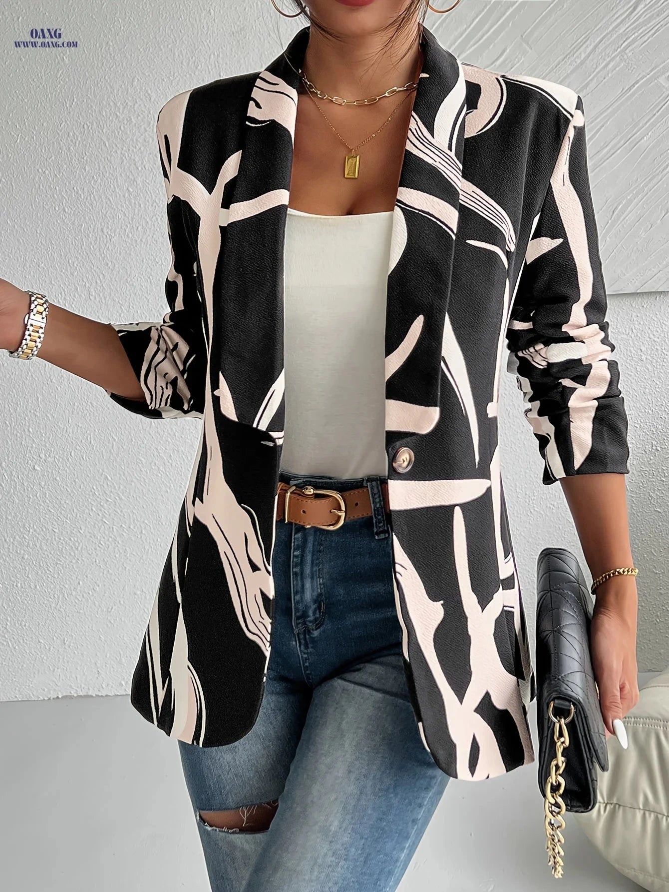 Elegant Geometric Print Blazer for Women - Lightweight & Chic Design   OAXG 【Multicolor】 / M