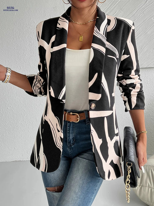Elegant Geometric Print Blazer for Women - Lightweight & Chic Design   OAXG 【Multicolor】 / M