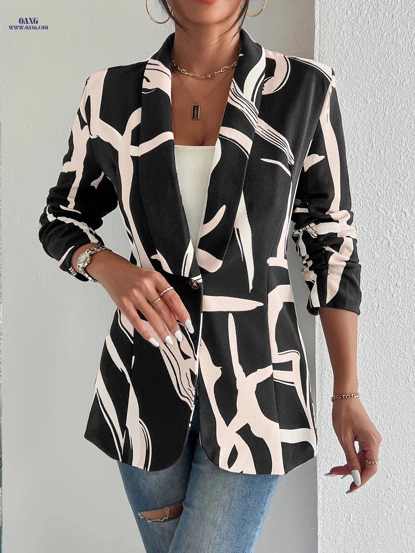 Elegant Geometric Print Blazer for Women - Lightweight & Chic Design   OAXG 