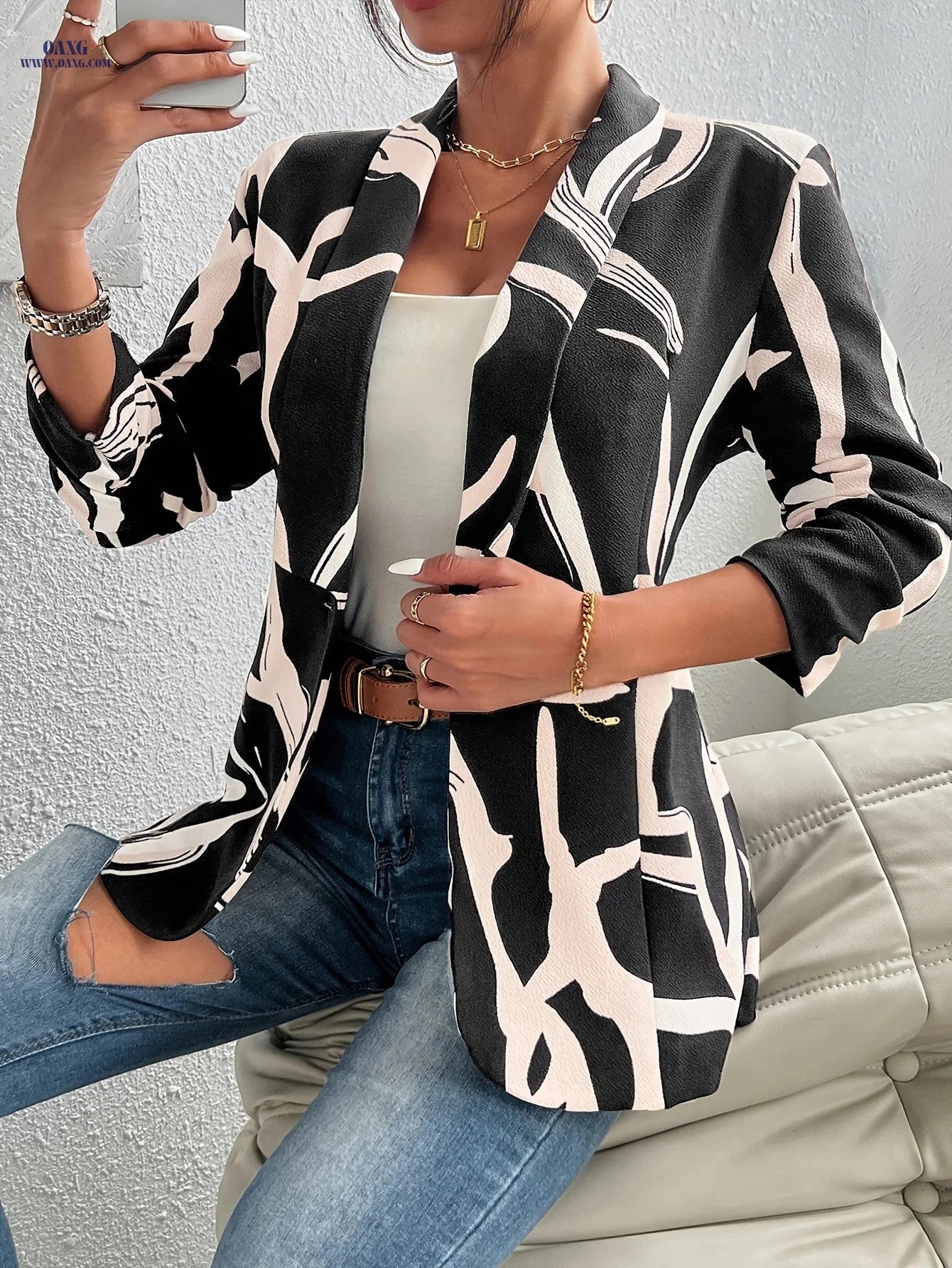 Elegant Geometric Print Blazer for Women - Lightweight & Chic Design   OAXG 