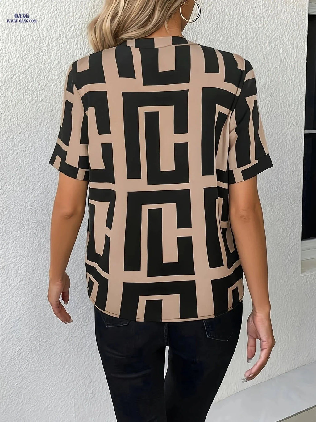Elegant Geometric Print V-Neck Shirt - Short Sleeve for All Seasons   OAXG Khaki / S