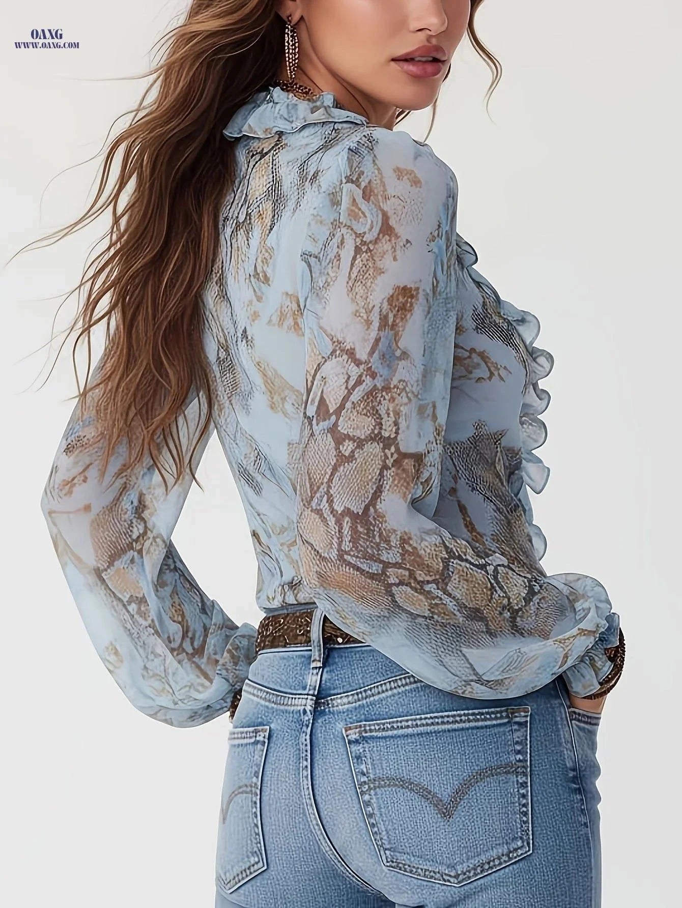 Elegant Glacier Blue Ruffle-trimmed Chiffon Shirt with Zipper   OAXG Light Blue / S